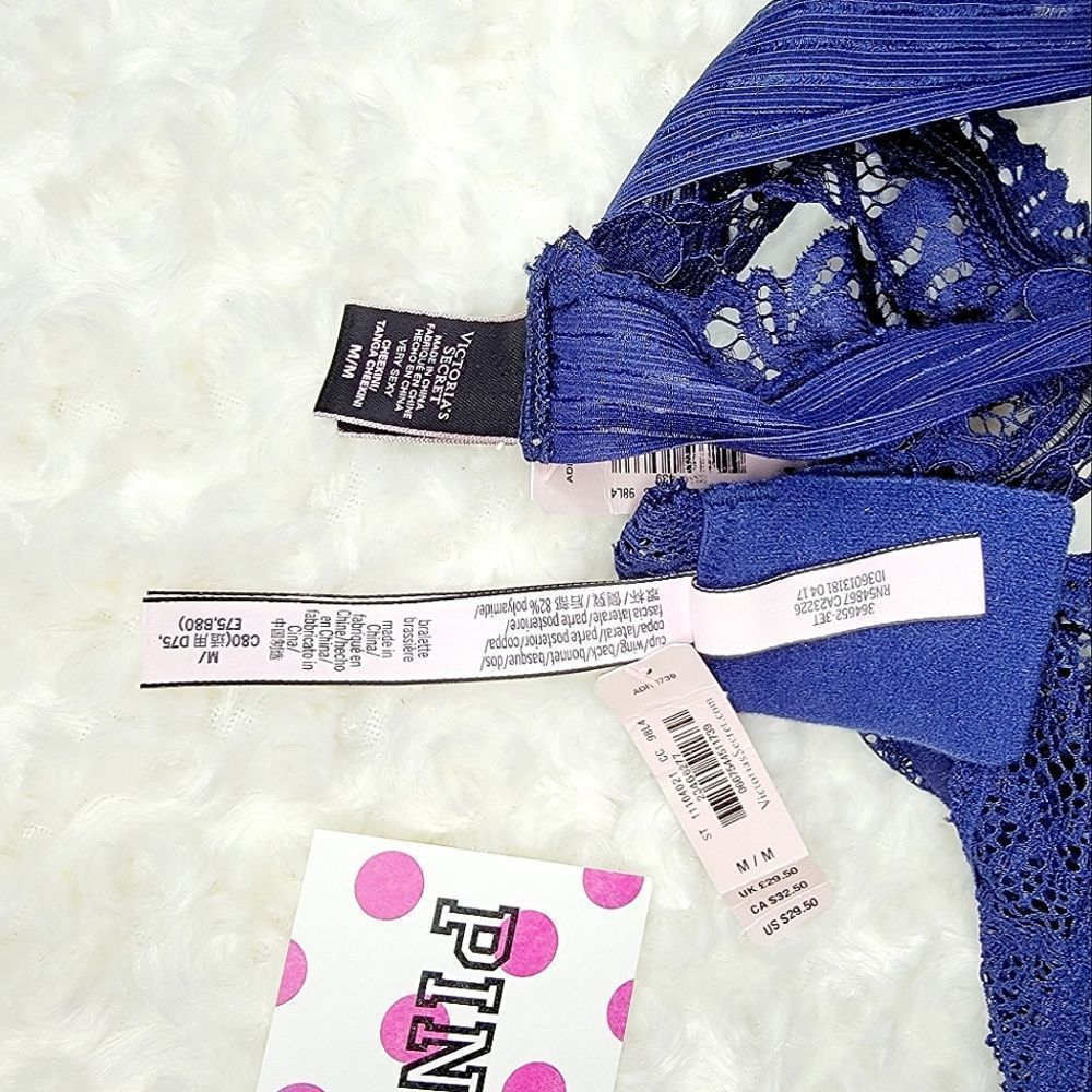 NWT 2 PC VICTORIA SECRET BRALETTE CHEEKINI NAVY BLUE LACE MEDIUM M - Picture 5 of 6